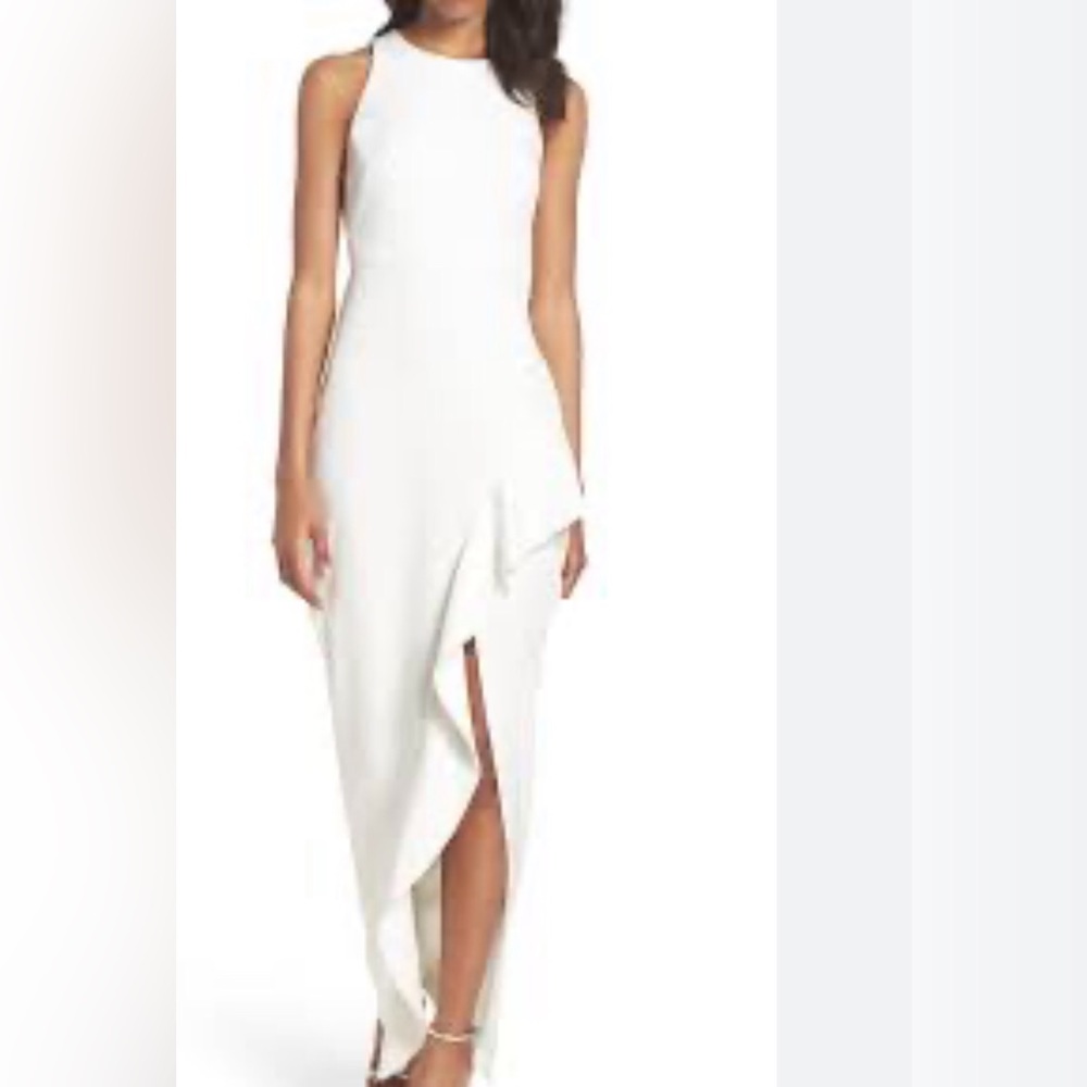 Xscape Ivory Sleeveless Gown w/Asymmetrical Ruffle & High Slit, White, Sz 4, EUC